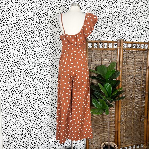 Anthropologie | Maeve Rust Orange Polka Dot White Ruffle Wide Leg Jumpsuit 8 EUC - Picture 8 of 13